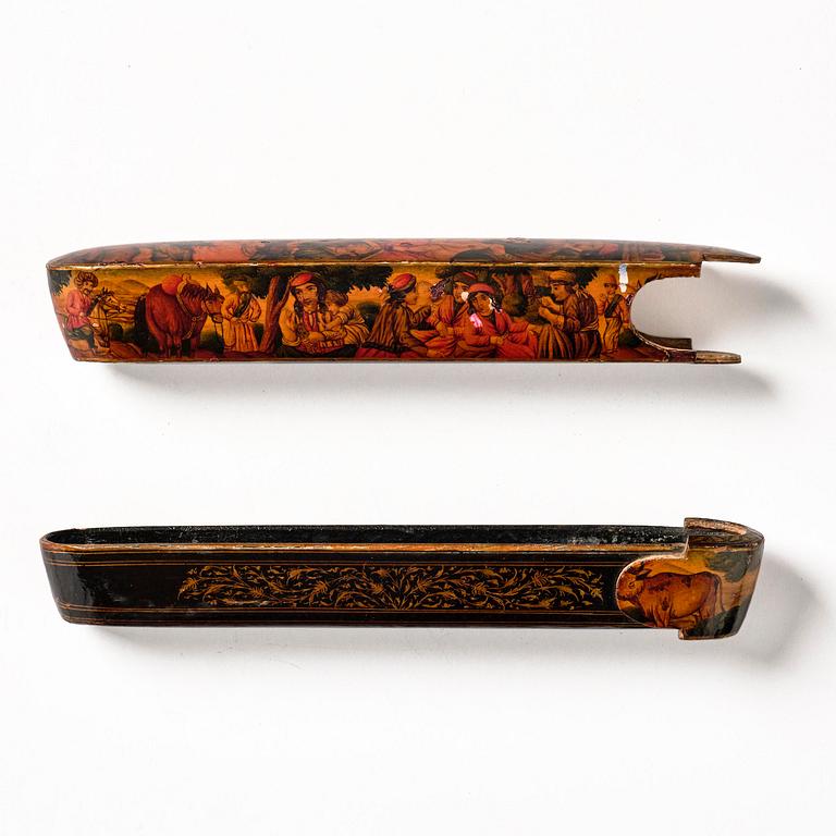 A Qajar papier-mâché polychrome lacquer Qalamdan, Persia, first half of the 19th century.