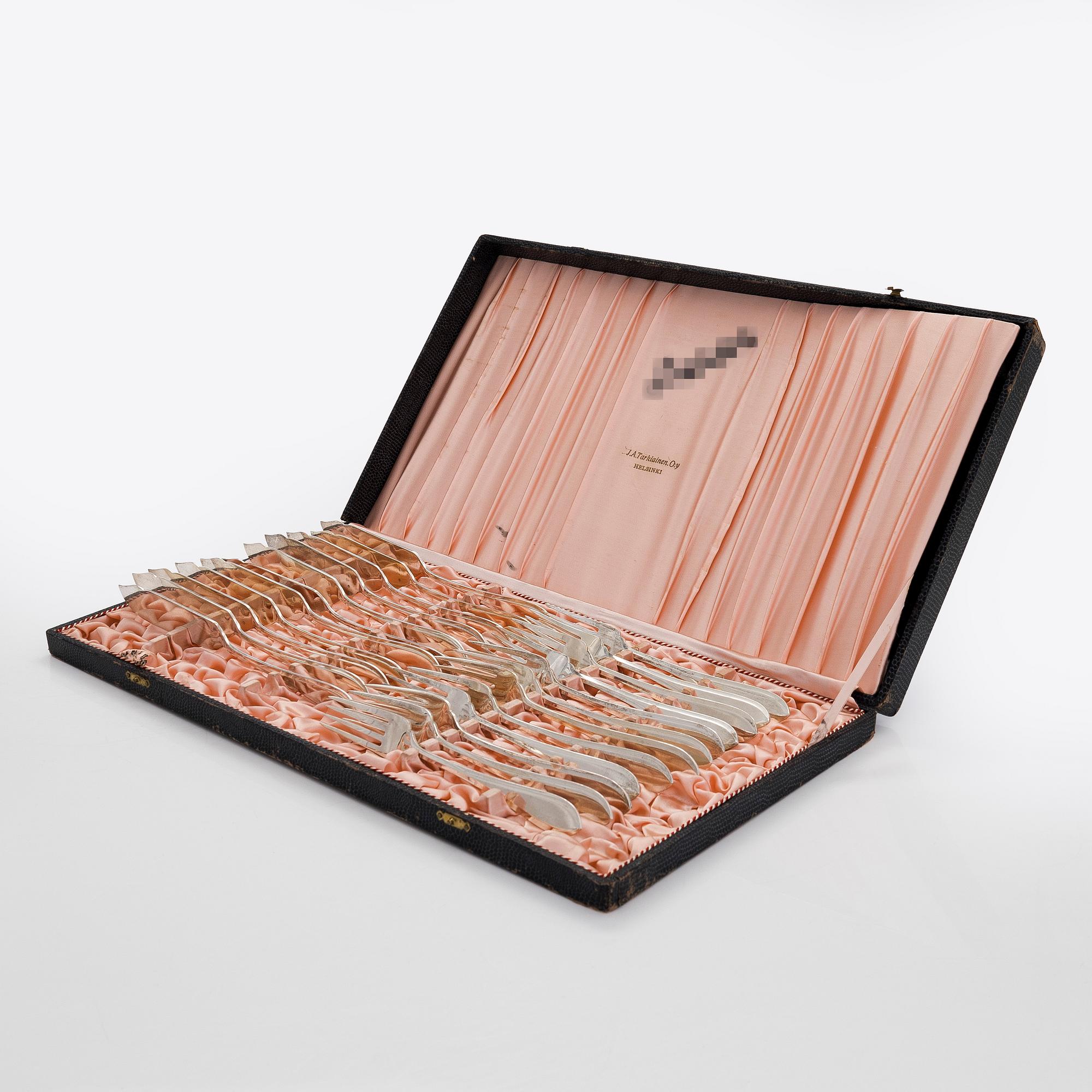 Fish cutlery and serving utensils, totally 37 pieces, silver, Czechoslovakia, 1950s.