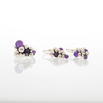 GEORG JENSEN, EARRINGS and RING, "Moonlight grapes", silver, amethysts.