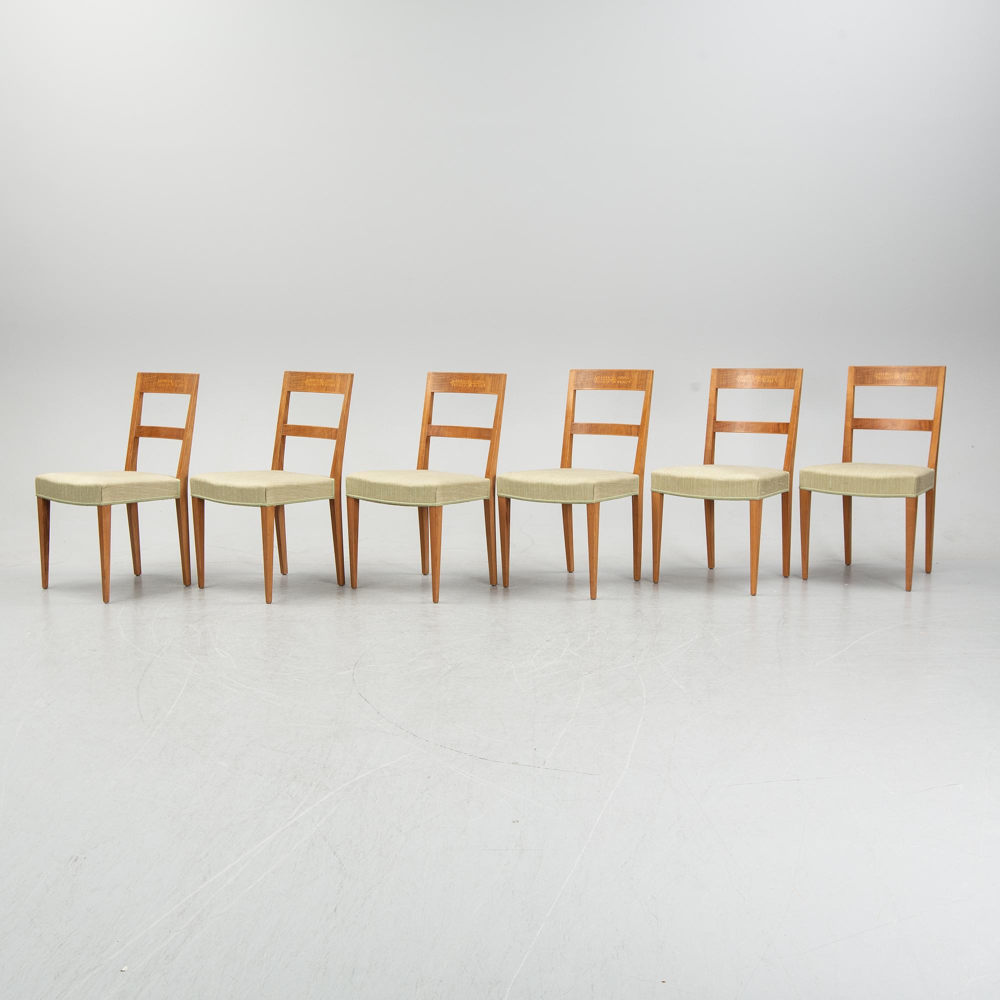 A set of six oak chairs decorated with walnut veneer and inlay, Mobilia Malmö.