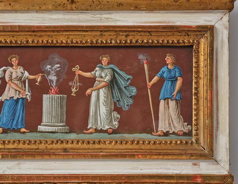 A pair of late Gustavian giltwood and gouache-inset mirrors, Stockholm, late 18th century.