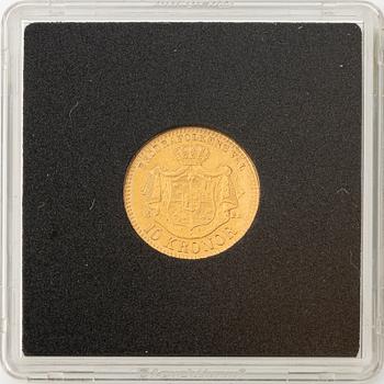 Gold coin, Oscar II, 10 kronor, type II, Sweden 1883.