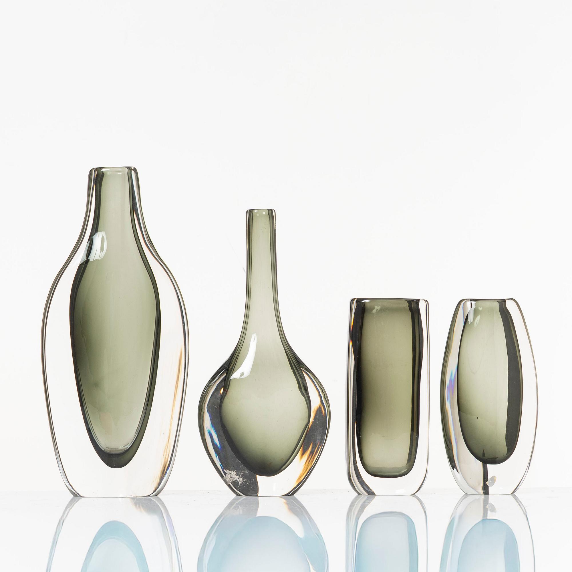 Nils Landberg, a set of four "Sommerso" vases, Orrefors, 1950s-60s.