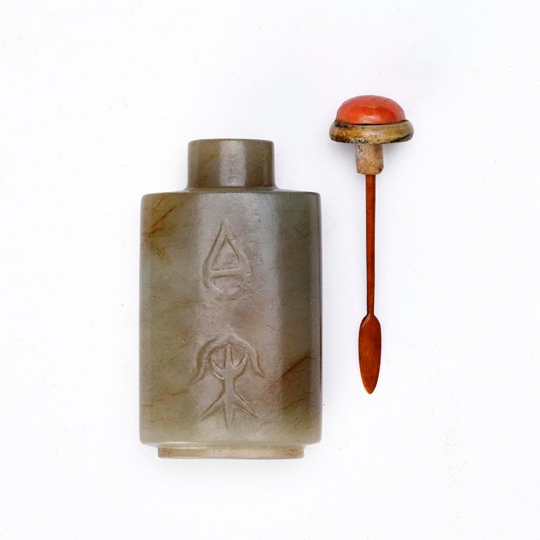 Snusflaskor, sex stycken, olika stensorter, bl.a. jade. Kina, 1900-tal.