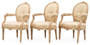 675. Three Gustavian late 18th century armchairs.