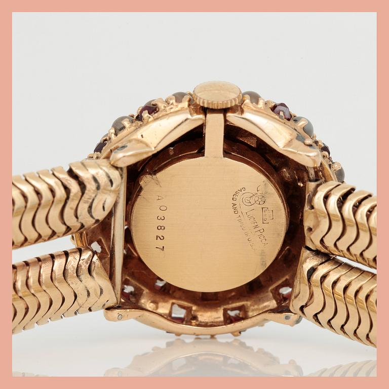 ARMBANDSUR, dam, 14K guld med granater samt månstenar, Lucien Picard. Total vikt ca 99 g.