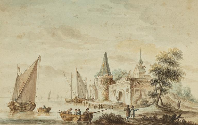 Okänd konstnär, 17/1800-tal, Figurer vid hamnstad.