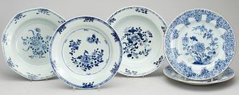 TALLRIKAR, 5 st, samt BOJAN, porslin, Qing, Kina 1700- resp 1800-tal.