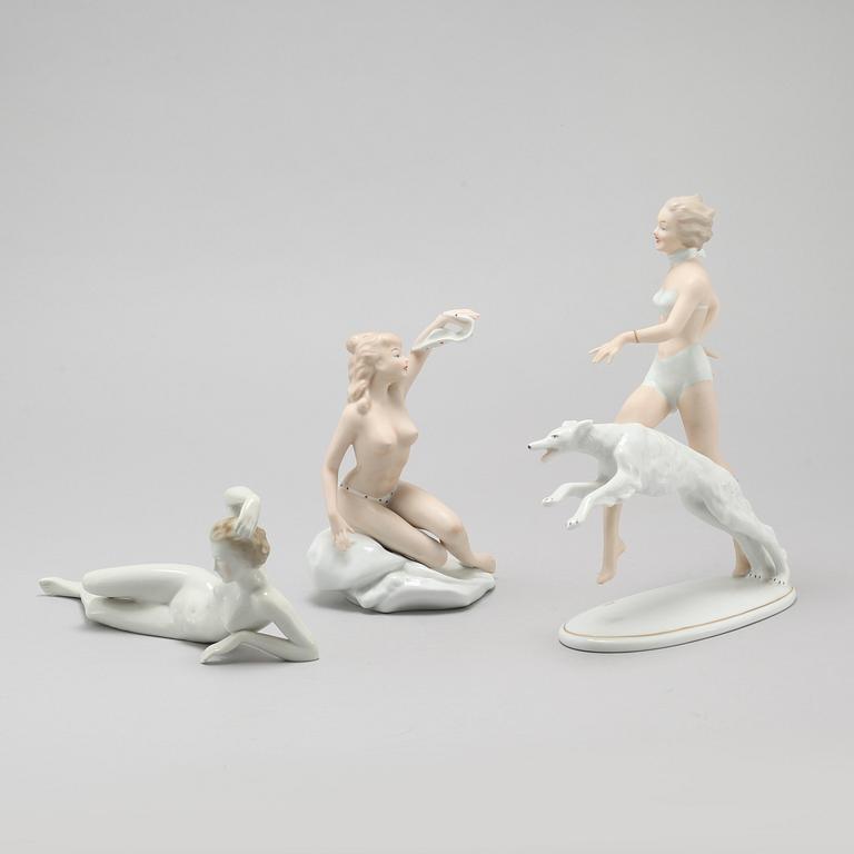 Three porcelain figurines partly by Wallendorf, Germany, from the latter half of the 20th century.