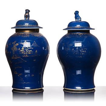 Two Chinese blue glazed vases with covers, Qing dynasty, Qianlong (1736-95).