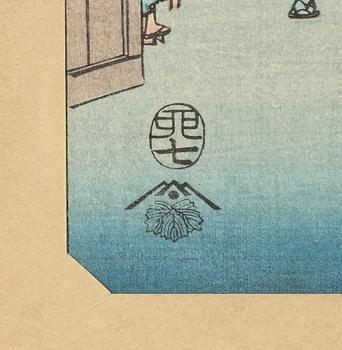 Ando Utagawa Hiroshige, after, 'Mariko: Selling the Famous Yam Soup at the Station' Mariko, 鞠子 駅中名物とろゝ汁をひさぐ, early 1900s.