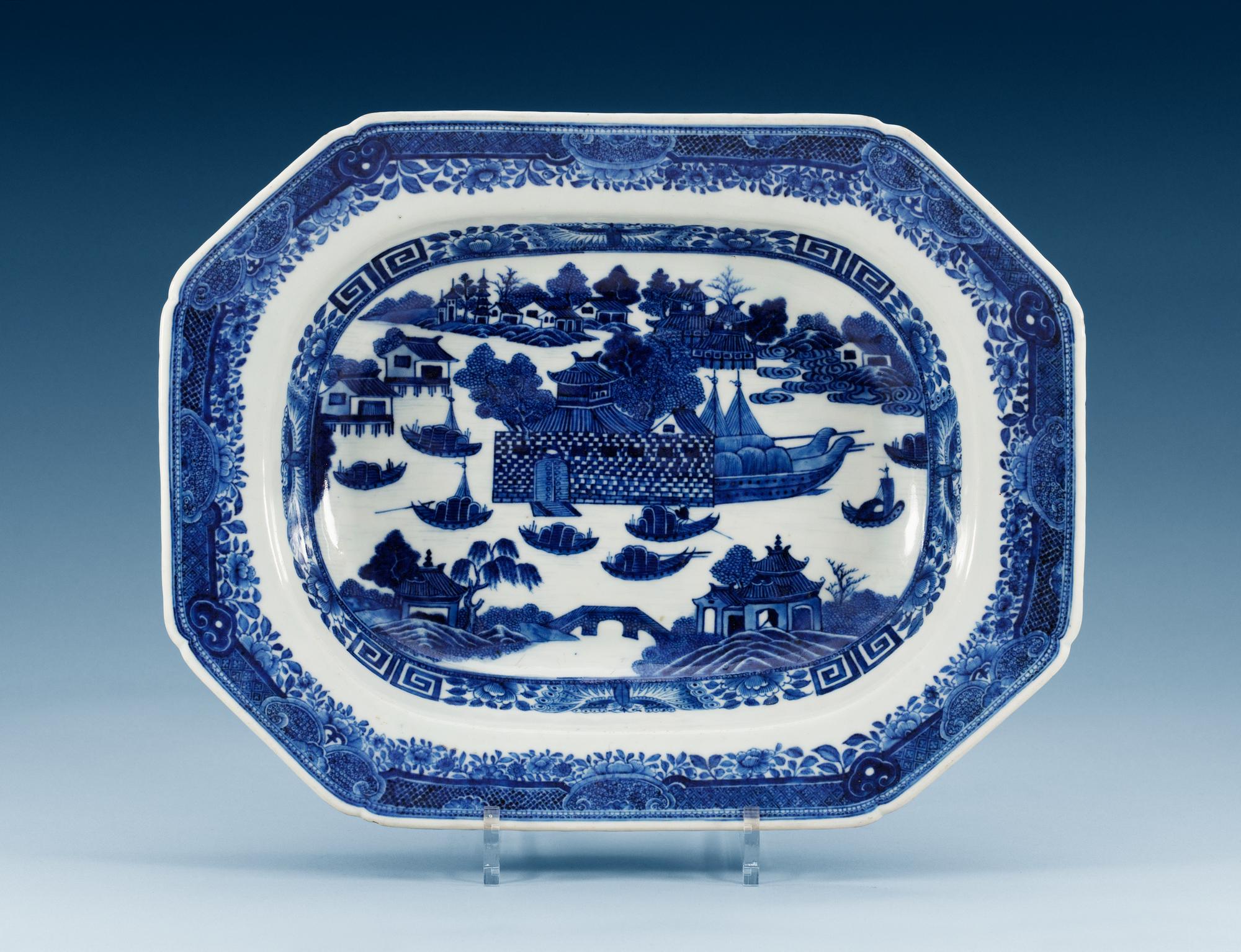 A blue and white tureen stand with the 'Dutch Folly', Qing dynasty, Qianlong (1736-95).