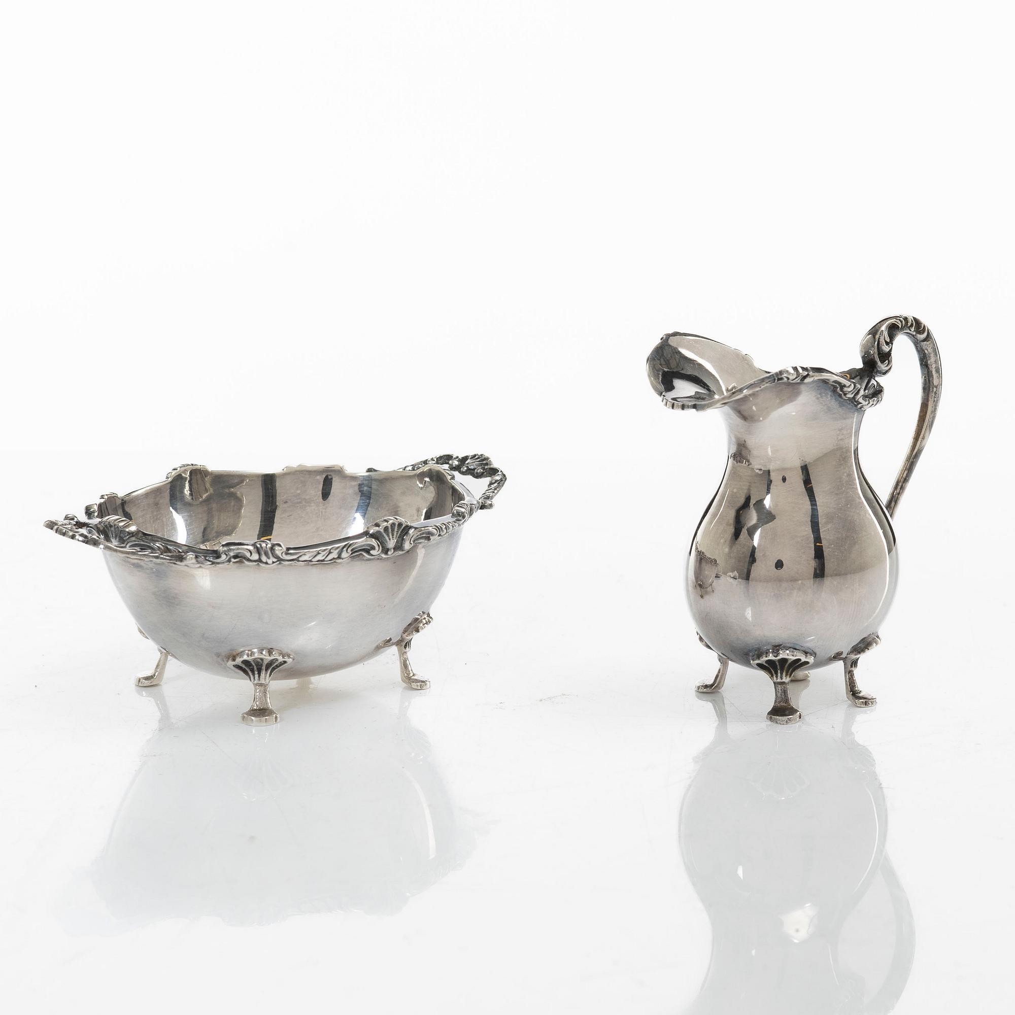 Cream jug, sugar bowl, and tray, silver, Rococo style, 20th century.