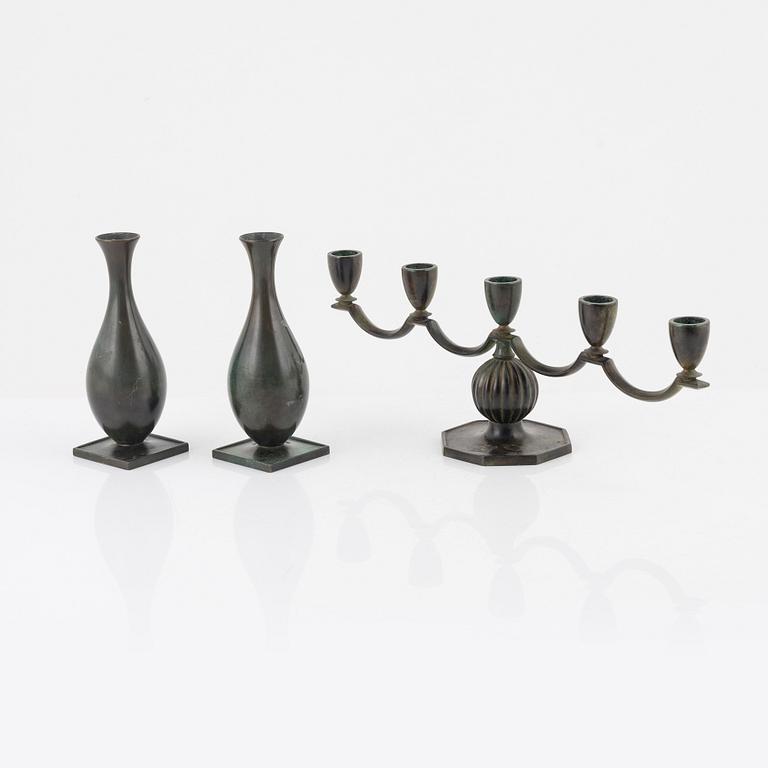 Gulsmedsaktiebolaget, "GAB", vases, a pair, and candelabra, bronze, Sweden 1930s.