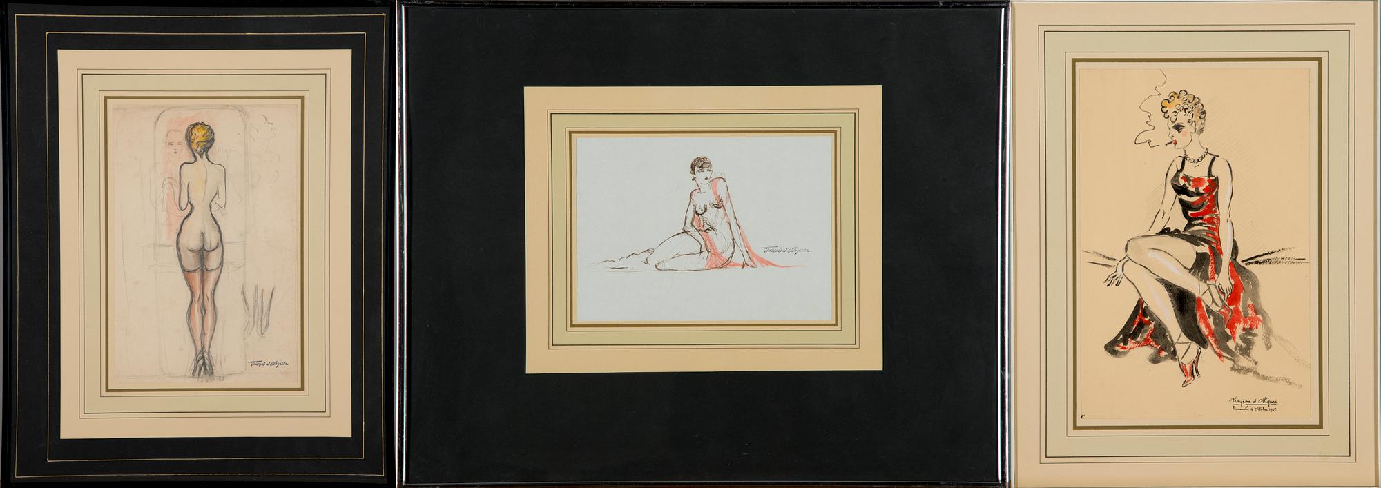 FRANÇOIS D'ALBIGNAC, teckningar, 3 st, signerade, en daterad Dimanche 14 octobre 1945.