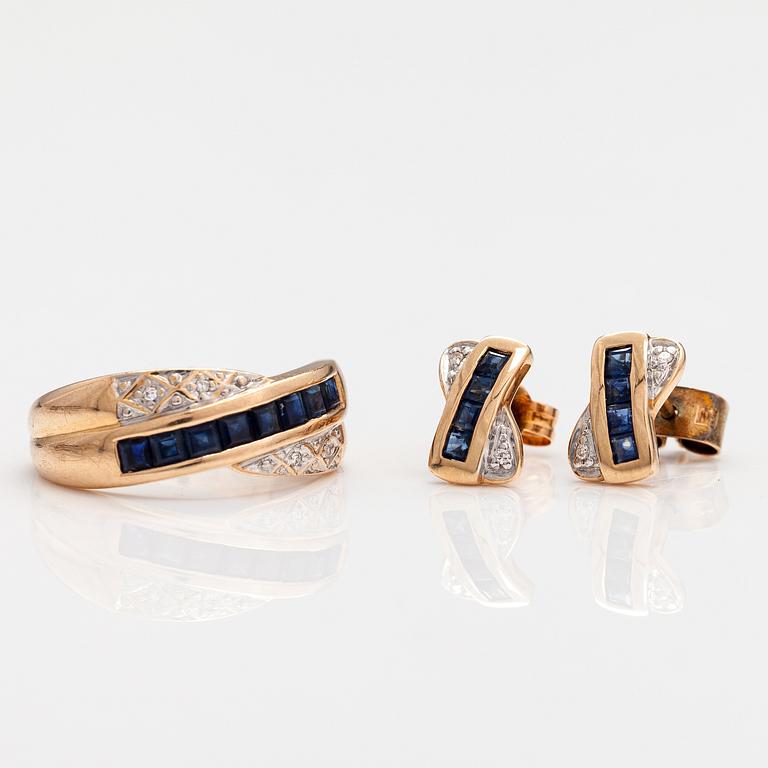 A 14K gold ring and earrings with sapphires and diamonds ca. 0.02 ct in total. Timanttiset, Helsinki 1999.