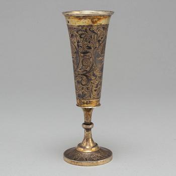 A Russian 19th century silver-gilt and niello champagne flute, unidentified makers mark, Moscow first half of 19th c.