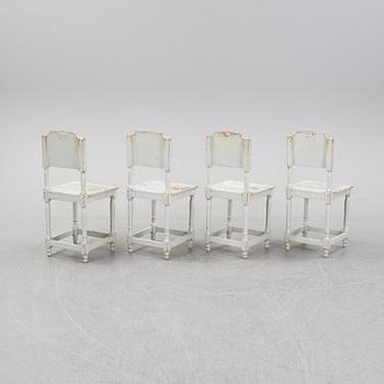 Four painte pine chairs, 19th Century.