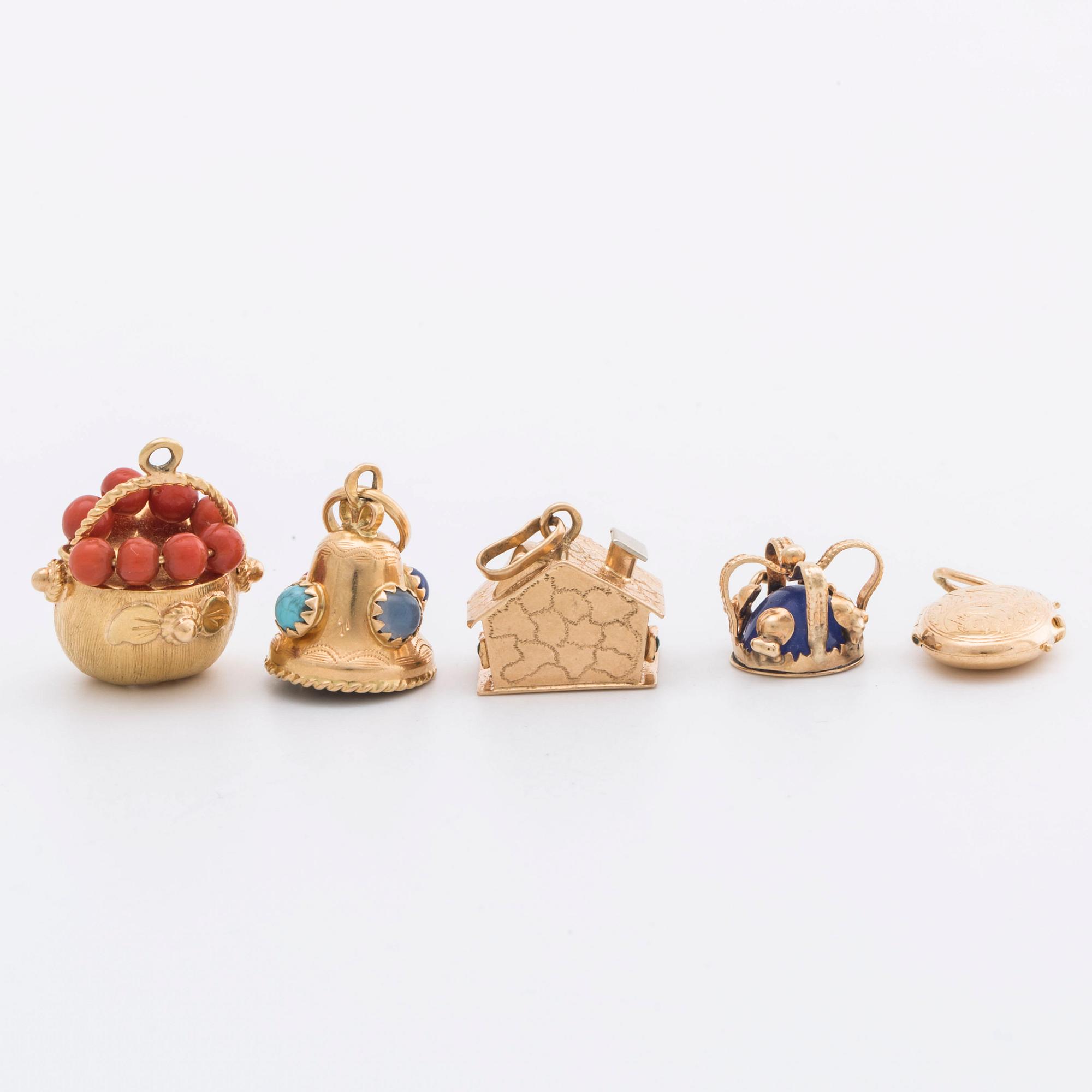 5 CHARMS 18K and 14K gold, blue, red, green stones.