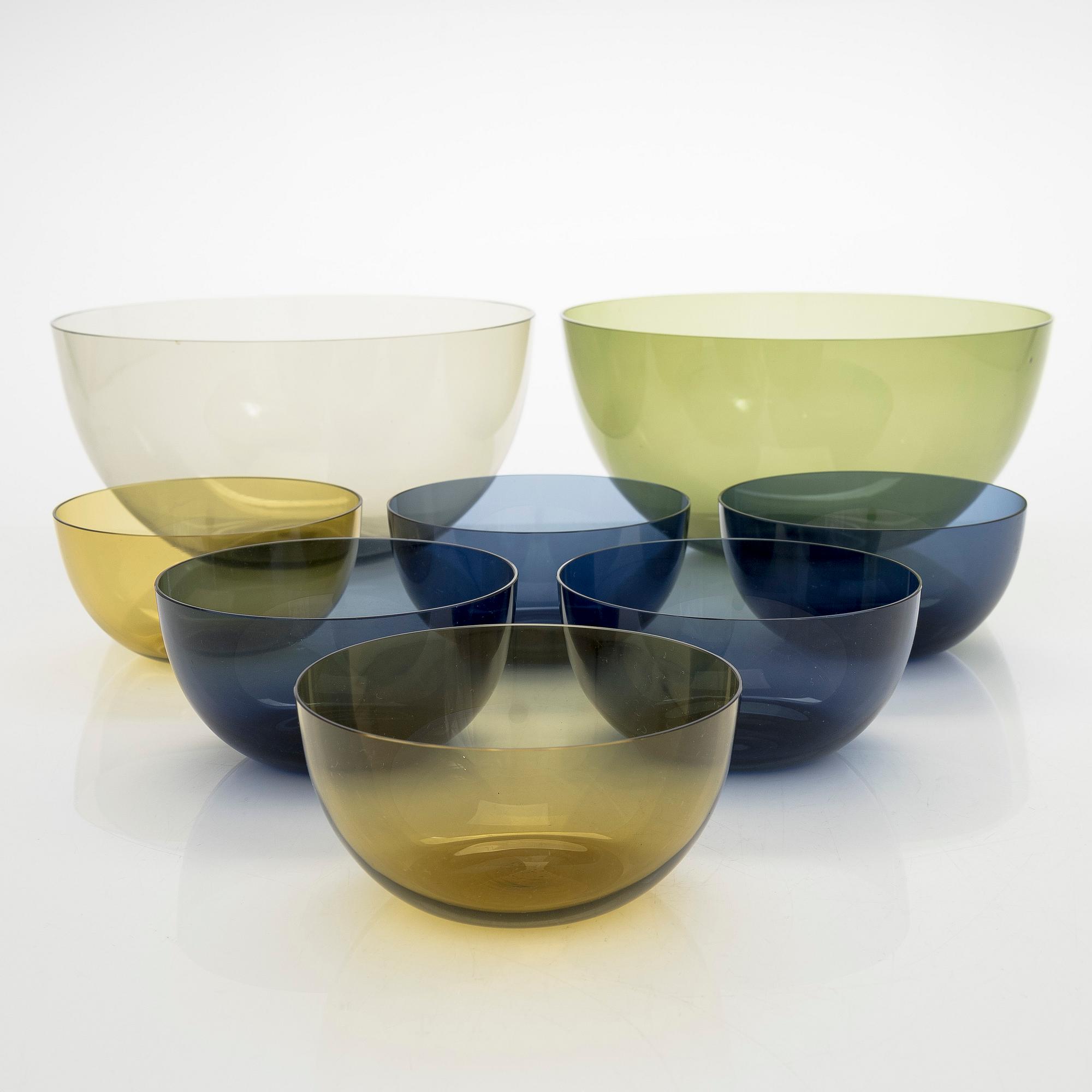 Kaj Franck, serveringsskålar, 2 st, "1329" och dessertskålar, 6 st, "1340", Nuutajärvi, Notsjö.