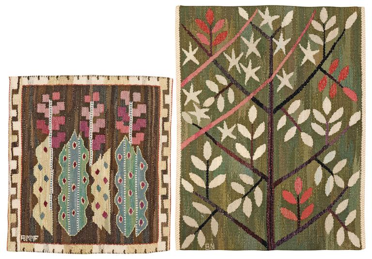 TEXTILES, 2 pieces. "Nattviol", flat weave. 42,5 x 39 cm, signed AB MMF. "Grön kvist med rött", tapestry weave 58,5 x 45,5. signed BN.