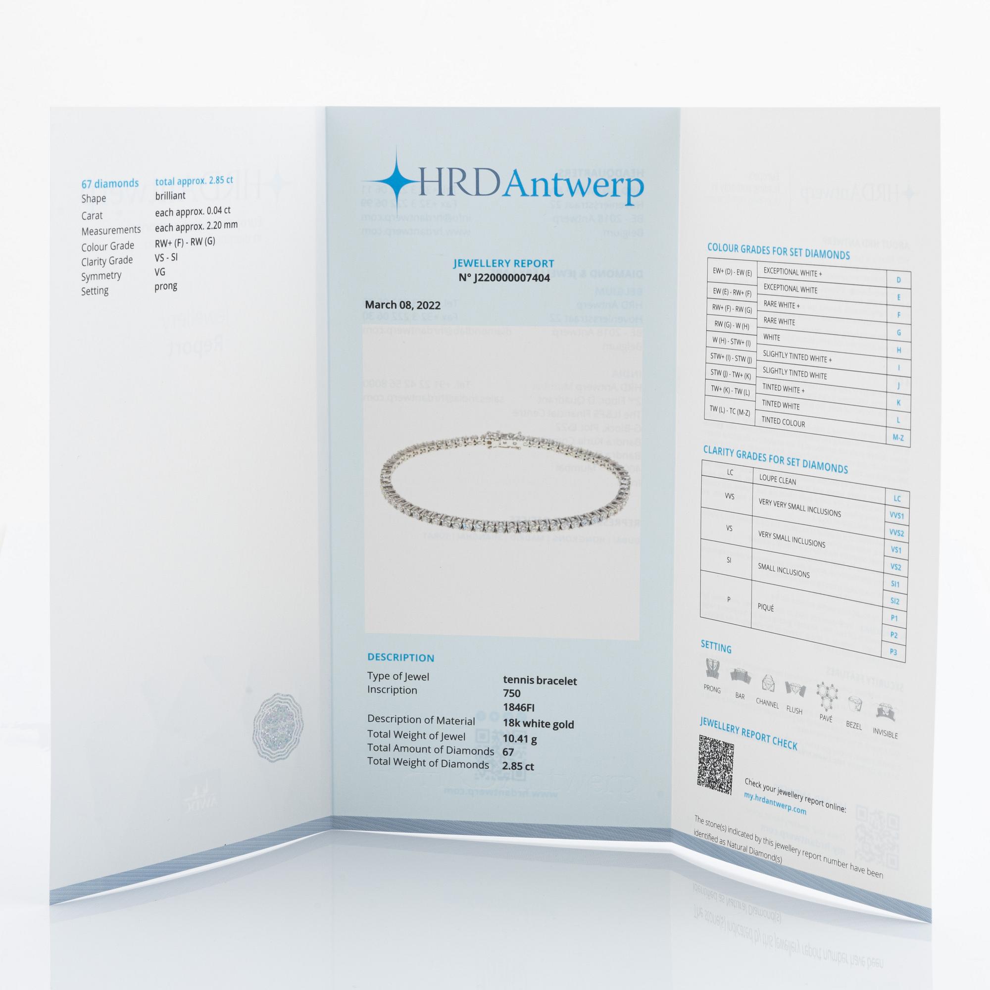 Brilliant cut diamond tennis bracelet, with HRD report.