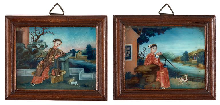A set of two minature reverse glass paintings, Qing dynasty, 19th Century.