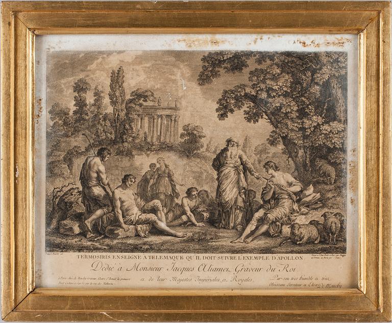 KOPPARSTICK, 5 st, efter bla Teniers, 1700-tal.
