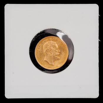 GULDMYNT, 10 kronor, Oscar II, 1901. Vikt ca 4 gram.