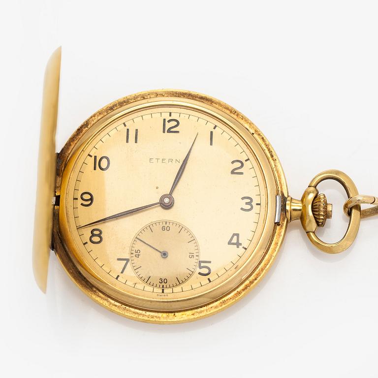 Eterna, pocket watch, savonette, 50 mm, 18K gold, chain 14K.