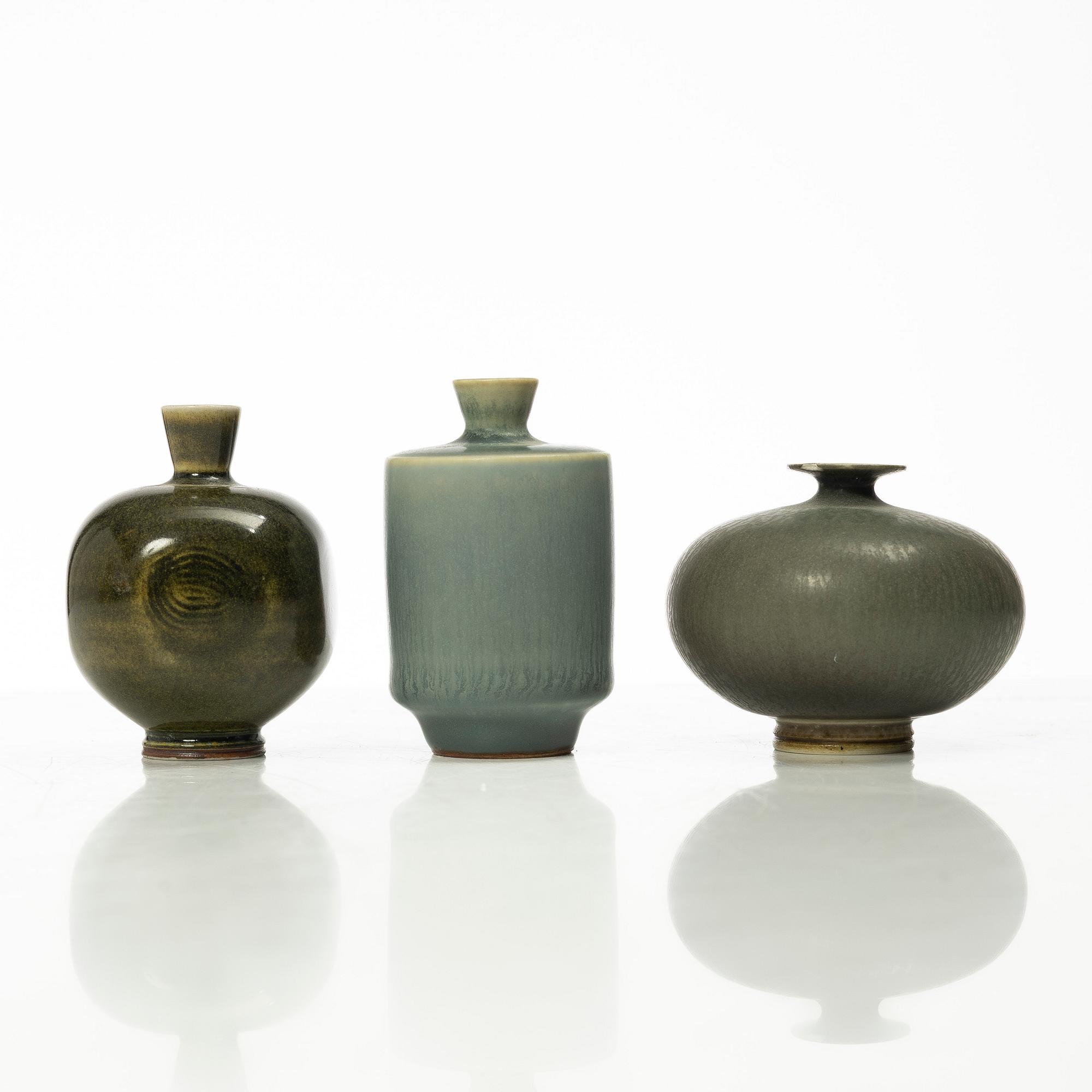 Berndt Friberg, five stoneware miniture vases, Gustavsberg Studio, Sweden, including 1968.
