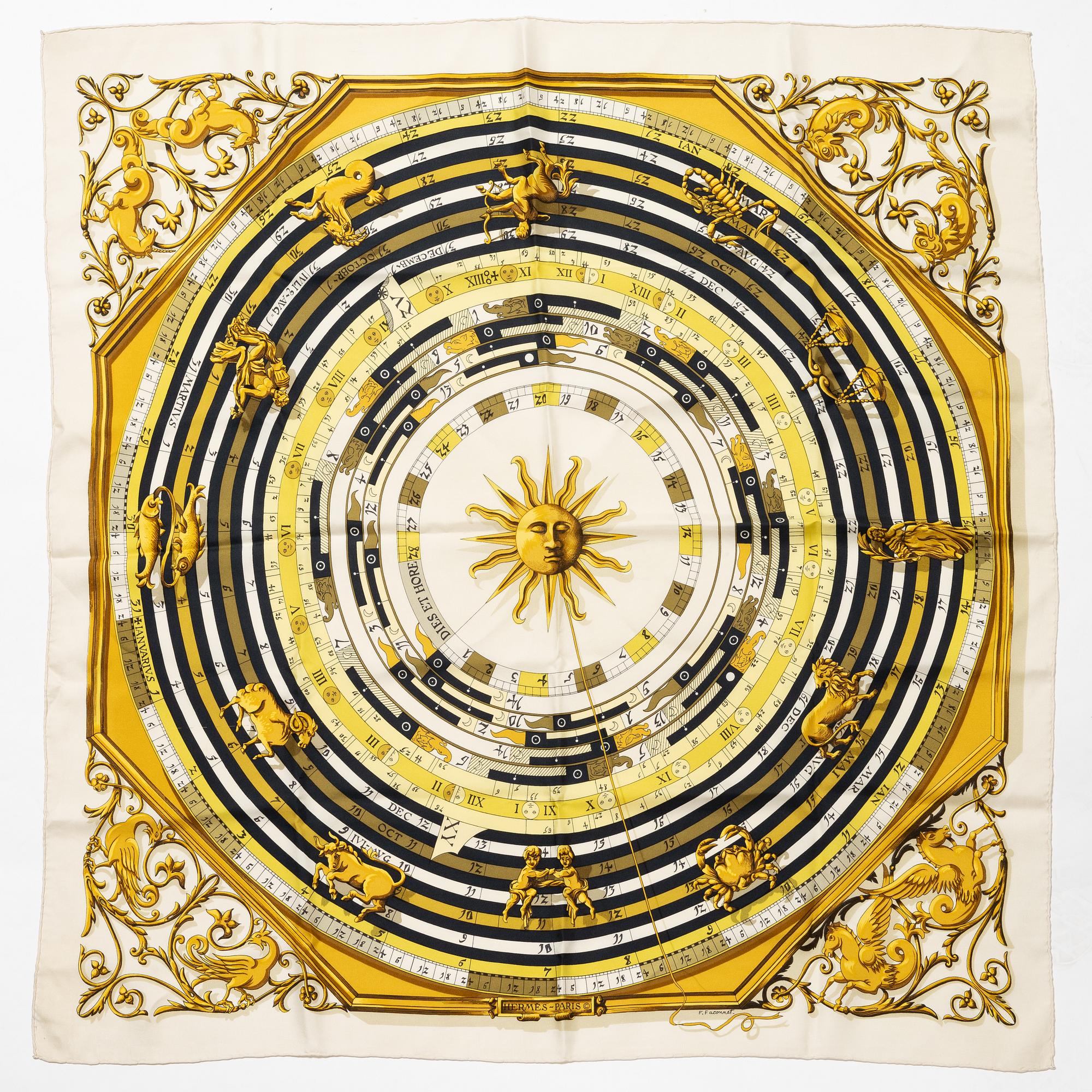 Hermès, scarves, 2 st, "Cuivreries" & "Dies et Hore"/"Astrologie".