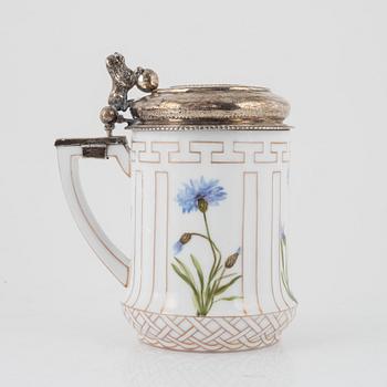 A porcelain tankarnd with older silver mounted lid, Royal Copenhagen, Denmark, 1889-1922.
