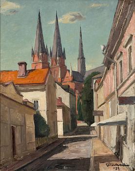 Ellis Wallin, Vy mot Uppsala domkyrka från Trädgårdsgatan.