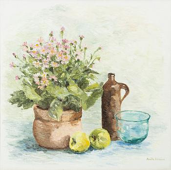 Anita Erséus, Still life with apples, flowers, bottle, and bowl.