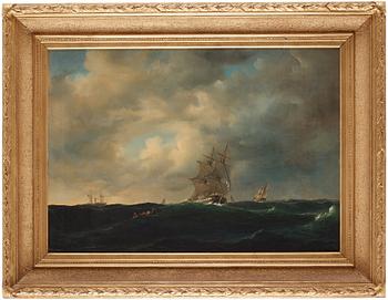 Marcus Larsson, ”Sjöstycke”. Marin med segelfartyg, ångbåt och figurer i roddbåt.