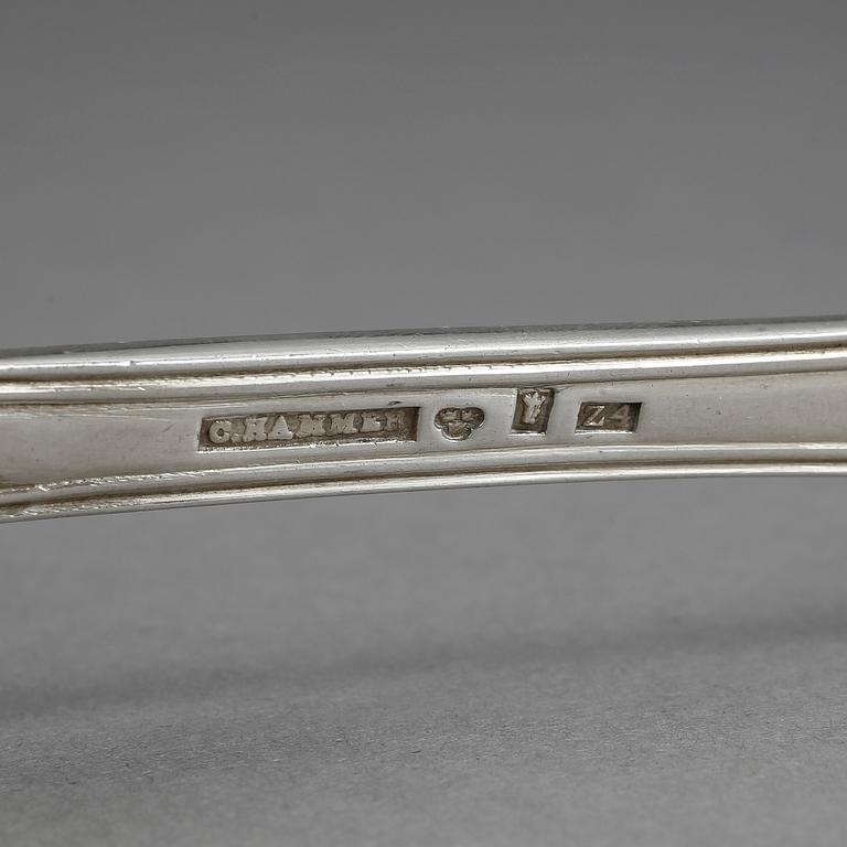 MATGAFFLAR, 6 st, silver, Christian Hammer, Stockholm. 1854. Vikt 450 g.