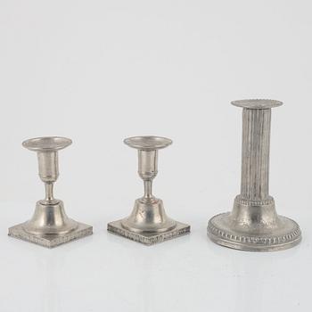 Nikolas Justelius and Nils Erik Justelius, three pewter candle holders, Eksjö, 1791-1851.