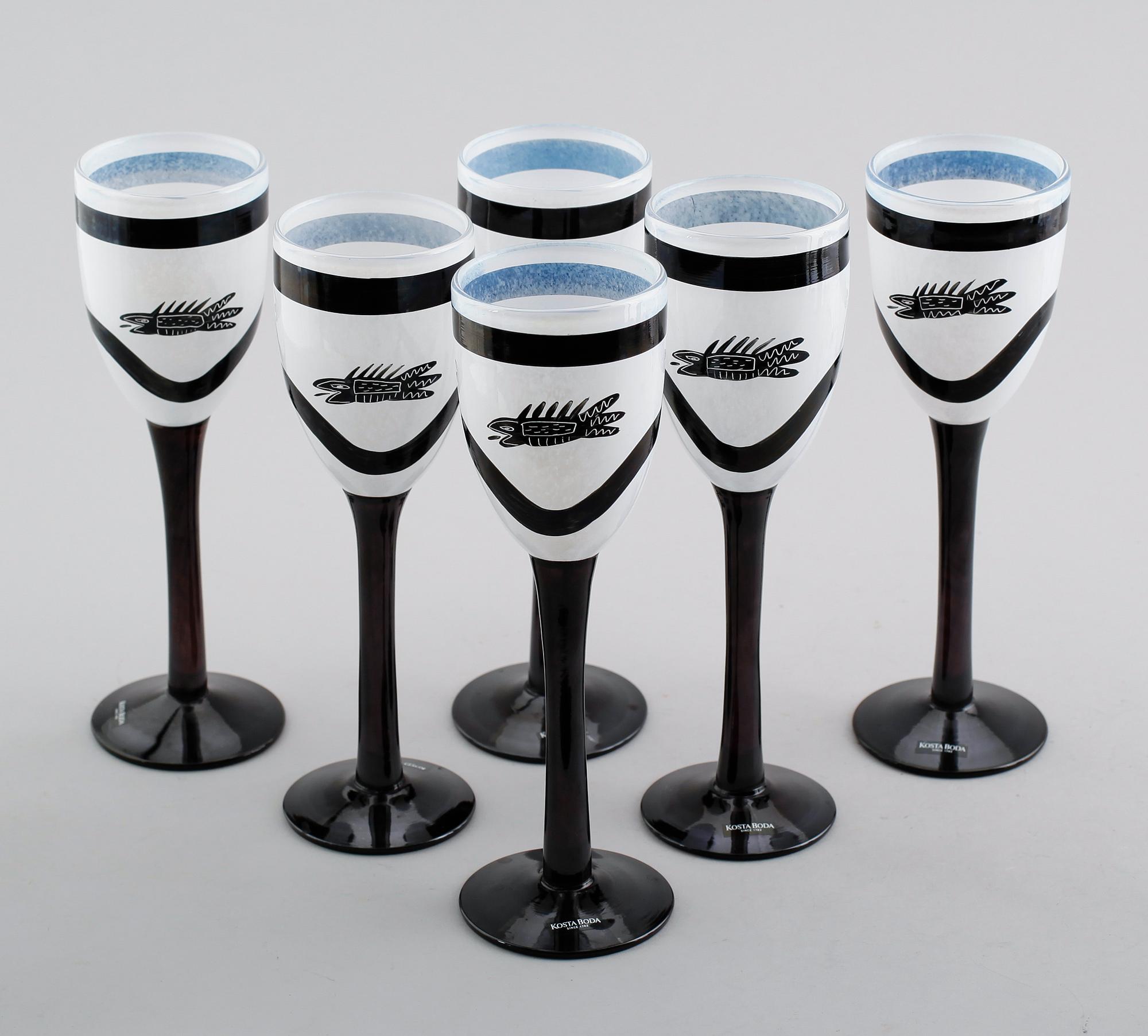 POKALGLAS, 6 st, glas, "Caramba", Ulrica Hydman-Vallien, Kosta Boda.