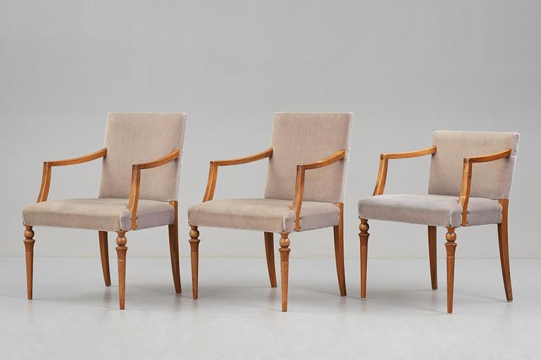 Swedish Grace, 4 chairs + 2 + 1 with armrests, reportedly a win from the Stockholm Cabinetmakers association lottery.