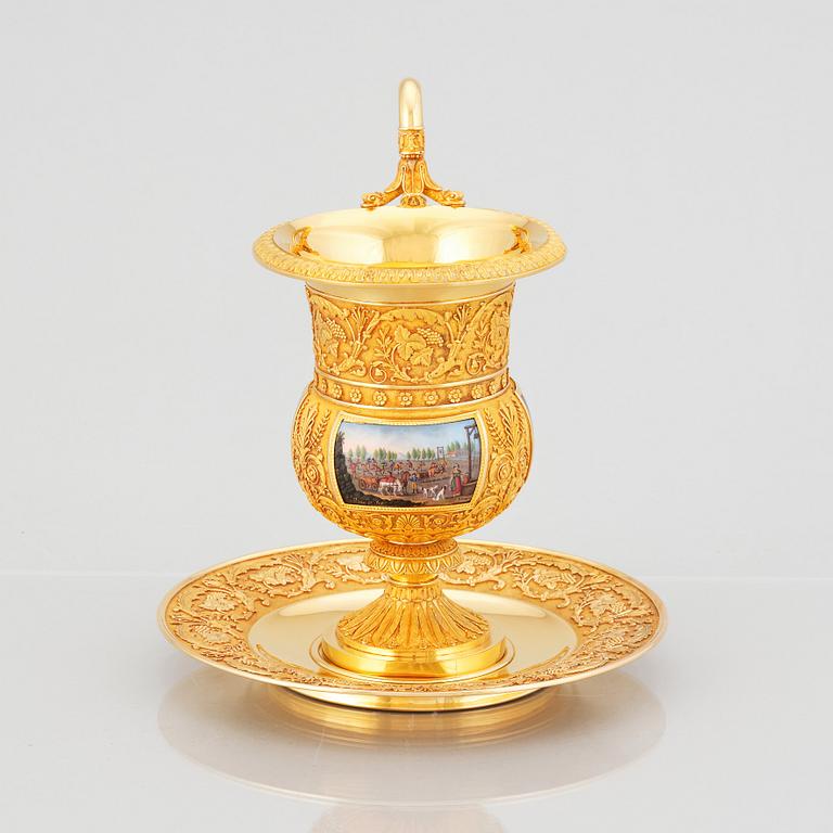 The Demidoff Cup, a highly important gold and enamel presentation cup and stand by Gabriel-Raoul Morel Paris, dated 1824.