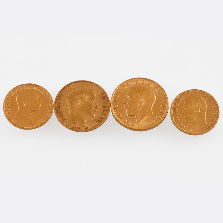 GULDMYNT, 4 st, Frankrike, Storbritannien, Österrike samt Ryssland, ca 22 gram.