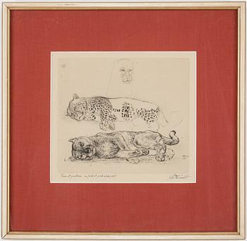Eduard Wiiralt · EDUARD WIIRALT, "Puma et panthère - eau forte et pointe sèche" etsning, signerad och daterad 1937.
