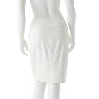 RALPH LAUREN, a white leather skirt.