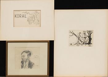 BERTIL BULL HEDLUND, 9 pieces, ink and pencil drawings, signed.