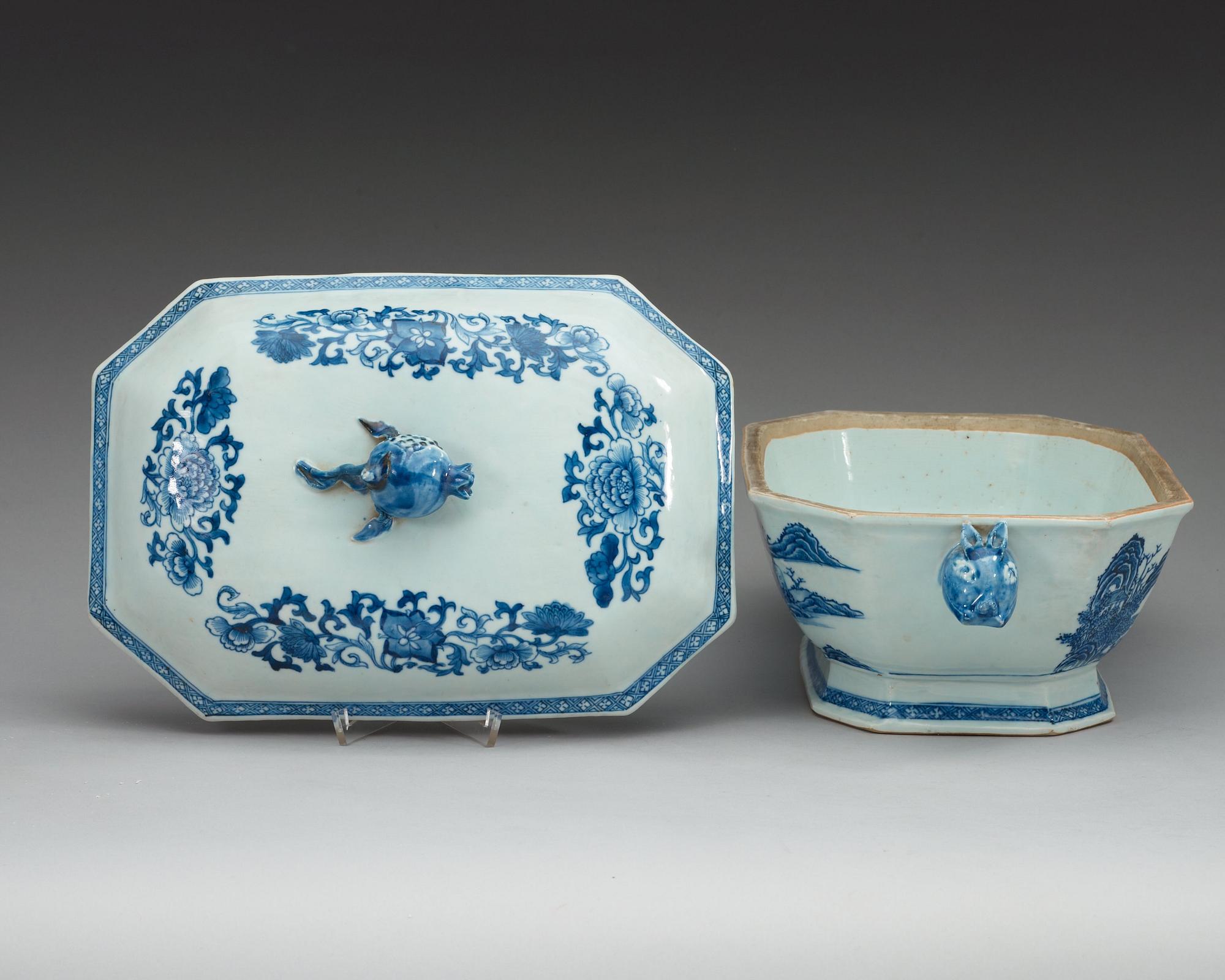 A  blue and white tureen with cover and saucer, Qing dynasty, Qianlong (1736-95).