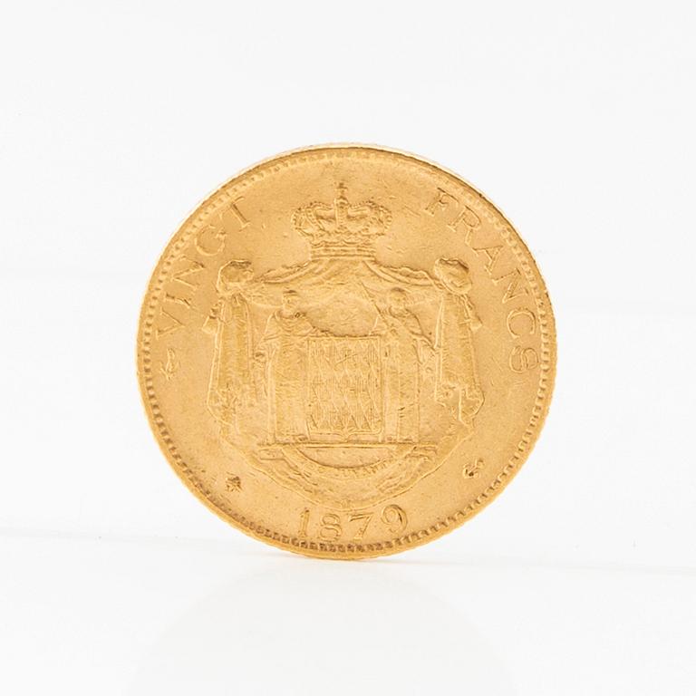 Guldmynt 20 Francs 1879 Monaco Charles III.