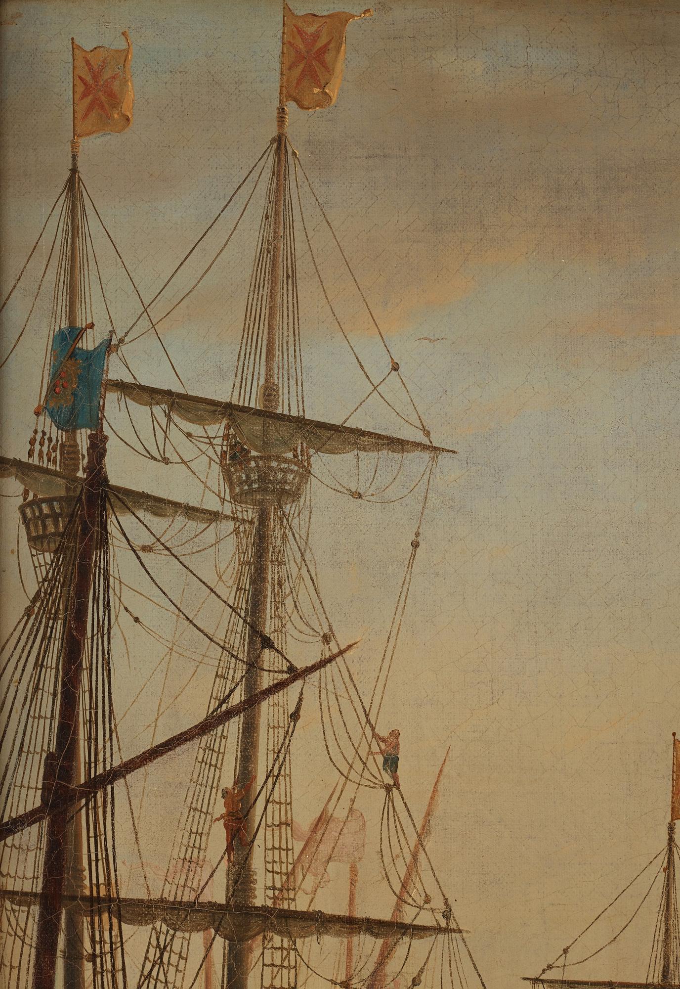 Hamnbild med Villa Medici och handelsmän.