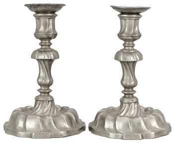951. A pair of Rococo pewter candlesticks by N. Lake, Vänersborg 1756.