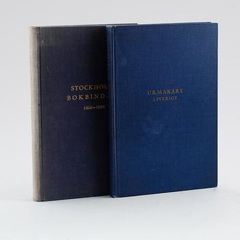 BÖCKER: Stockholms Bokbindare 1460-1880 samt Urmakare i Sverige, 2 volymer.